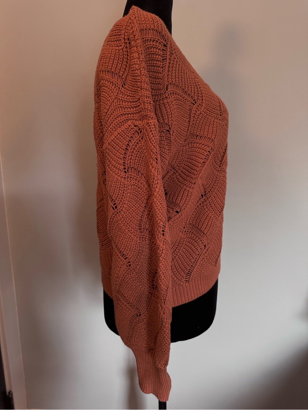 moon & madison Open-Knit V-Neck Sweater in Rust Orange - Size Large - Picture 4 of 10